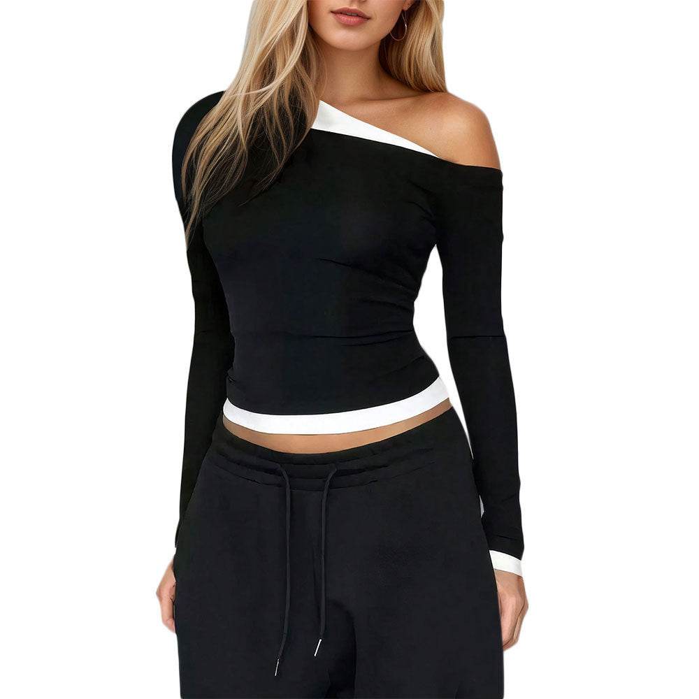 Women's American-style Contrast Color Shoulder Long-sleeved Top - Odeita