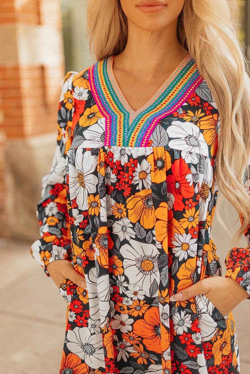 Orange Floral Print Striped Lace V Neck Long Sleeve Mini Dress - Odeita