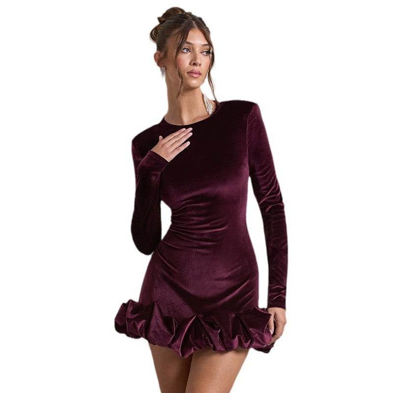 Round Neck Long Sleeve Velvet Three-dimensional Pleated Dress Women - Odeita