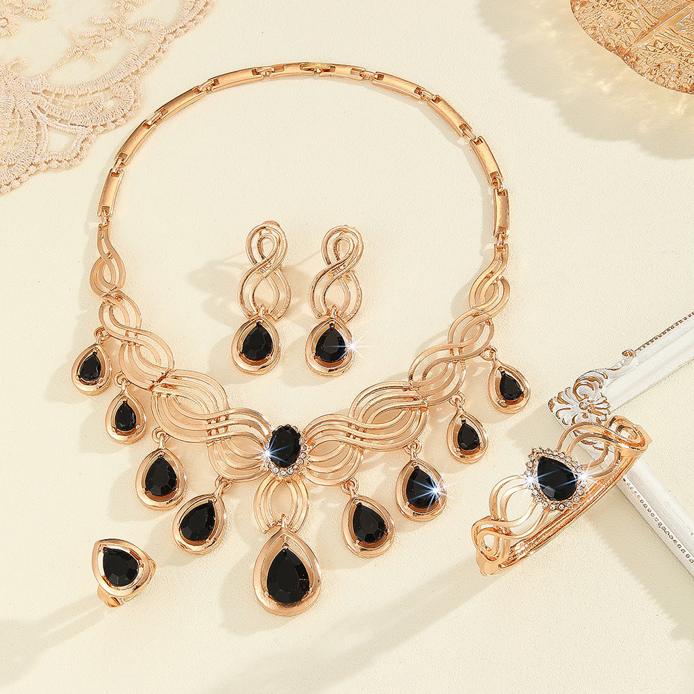 Exaggerated Diamond Black Resin Gold Necklace Earring Ring Bracelet Ornament Set