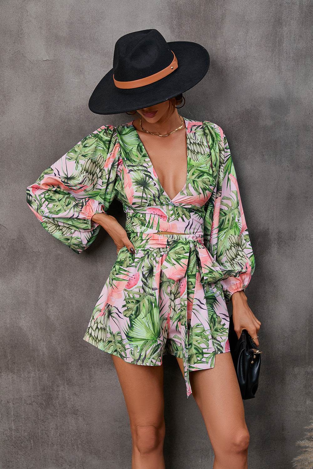 Autumn Flowers Long Sleeve Shorts V-neck Jumpsuit - Odeita