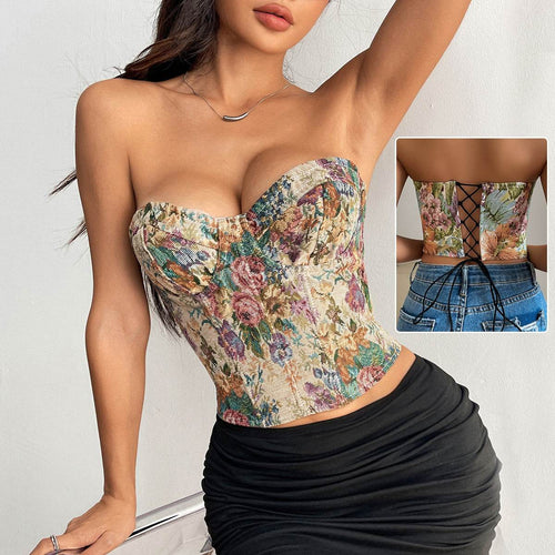 Y2K Floral Print Tube Vest Top With Back-tied Design INS Fashion Crop Corset Tank For Women Clothing - Odeita