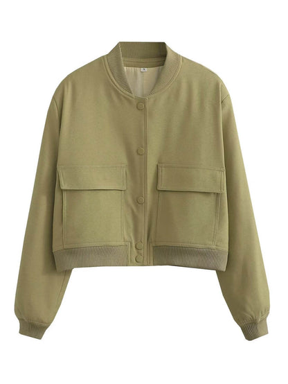 Casual Single-breasted Stand Collar Short Jacket With Pockets Fashion Long Sleeve Outwear Tops Coat For Womens Clothing - Odeita