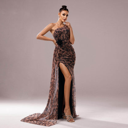 One-shoulder Diagonal Collar Leopard Sequined Evening Dress - Odeita