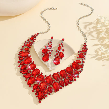 Atmospheric Red Crystal Necklace And Earrings Suite