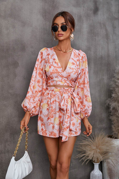 Autumn Flowers Long Sleeve Shorts V-neck Jumpsuit - Odeita