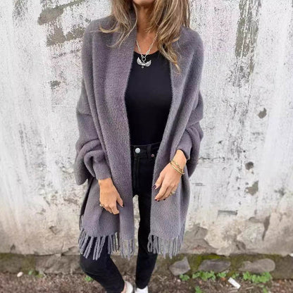 Women's Knitted Batwing Sleeve Cardigan With Tassel Design Fashion Loose Shawl Outwear Clothing - Odeita