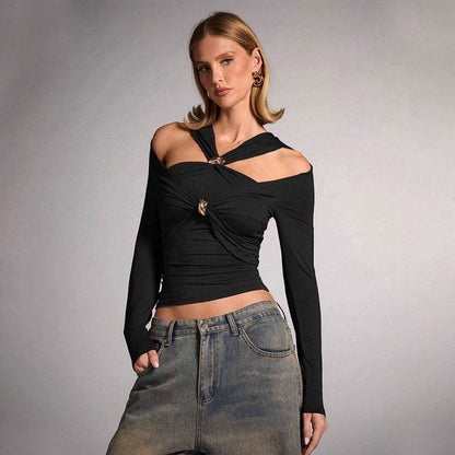 Women's Pure Color Halter Fashion Shoulder-baring Slim Top - Odeita