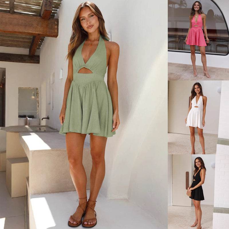 Vintage Women Hollow Out Short Dress Summer V-neck Halter Dress Sleeveless Mini Dresses Backless Holiday Beach Sundress Vestidos - Odeita