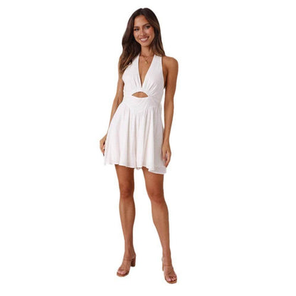 Vintage Women Hollow Out Short Dress Summer V-neck Halter Dress Sleeveless Mini Dresses Backless Holiday Beach Sundress Vestidos - Odeita