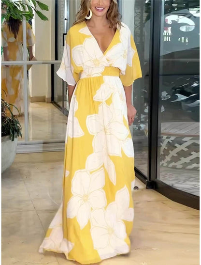 Flower Printed V-neck Batwing-sleeved Dress Fashion Elegant Backless Long Dresses Women's Clothing - Odeita