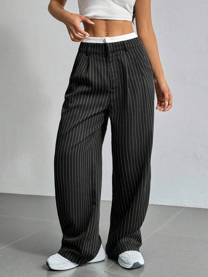 Stripe Printed Trousers Fashion High Waist Straight Leg Pants With Pocket Zipper Casual Suit Pants For Women - Odeita
