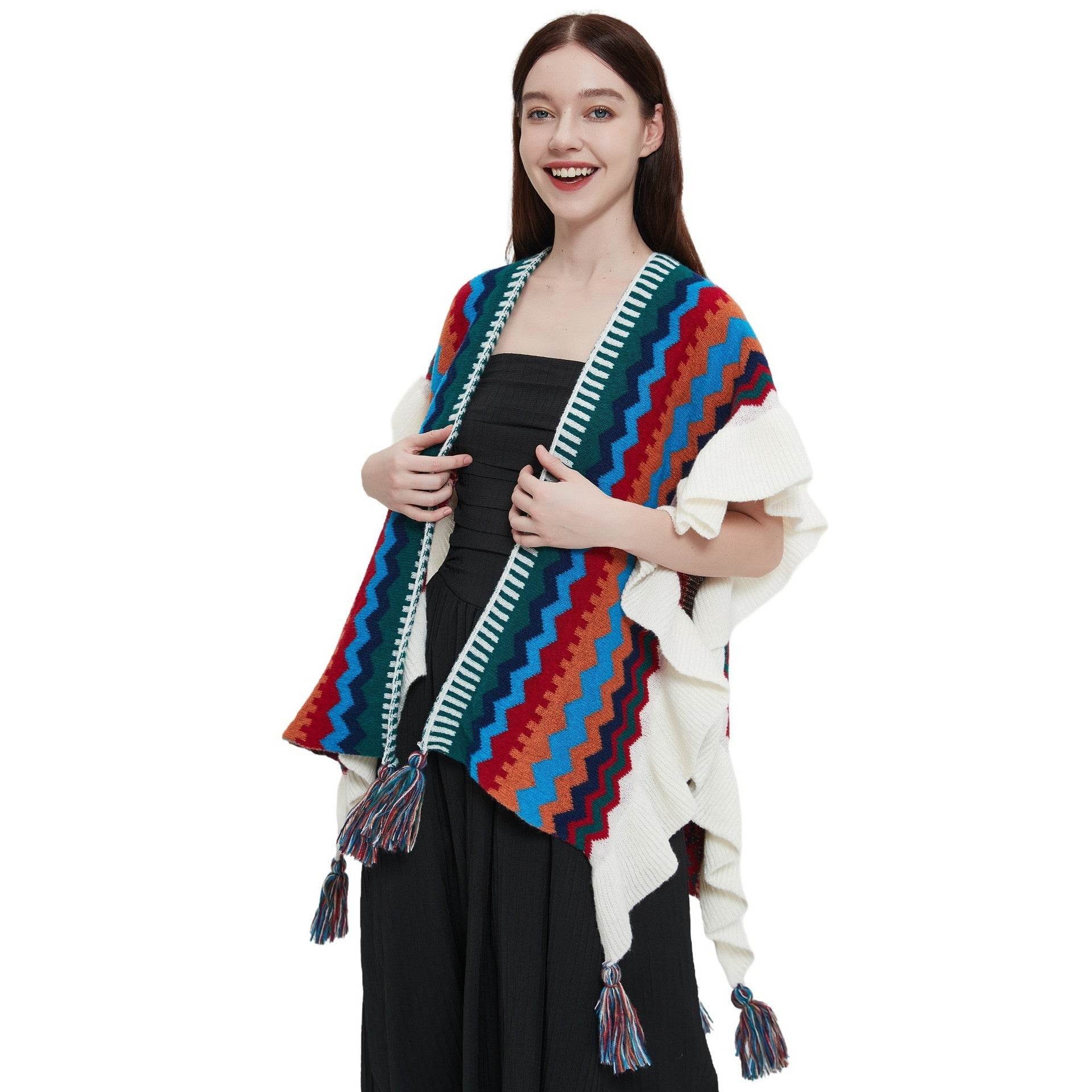 European And American Spring Autumn And Winter Ladies Travel Ethnic Style Ruffled Knitted Shawl - Odeita