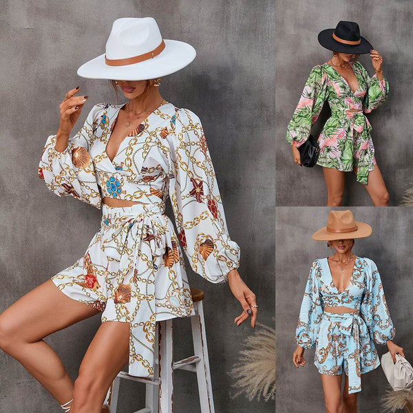 Autumn Flowers Long Sleeve Shorts V-neck Jumpsuit