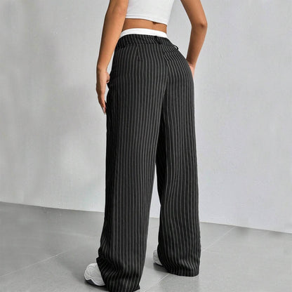 Stripe Printed Trousers Fashion High Waist Straight Leg Pants With Pocket Zipper Casual Suit Pants For Women - Odeita