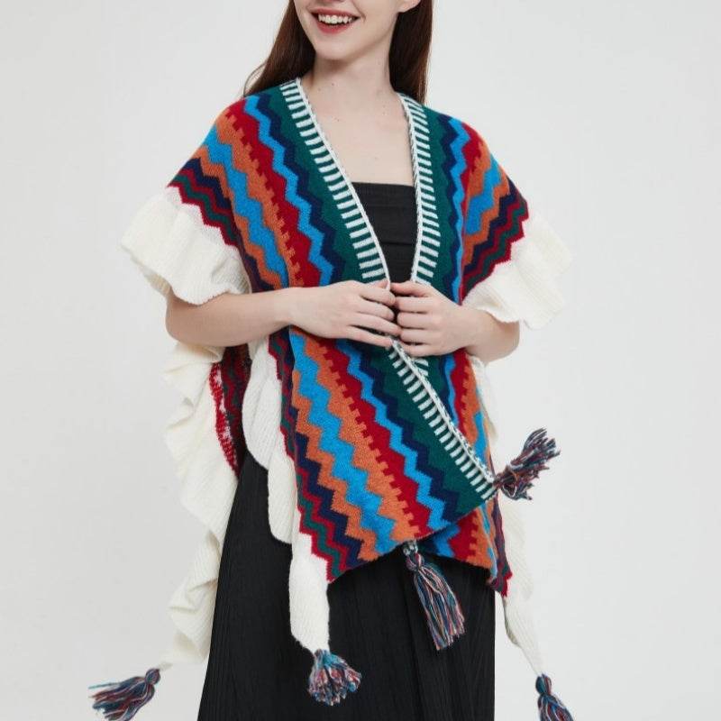 European And American Spring Autumn And Winter Ladies Travel Ethnic Style Ruffled Knitted Shawl - Odeita