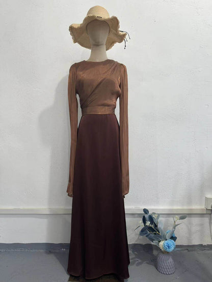 Elegant Summer Sleeve Contrast Chiffon & Satin Maxi Dress With Flared Cuffs - Slim Fit Long Dress For Women - Odeita