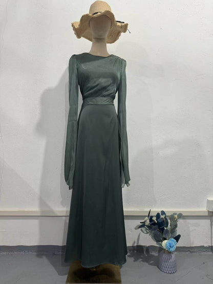 Elegant Summer Sleeve Contrast Chiffon & Satin Maxi Dress With Flared Cuffs - Slim Fit Long Dress For Women - Odeita