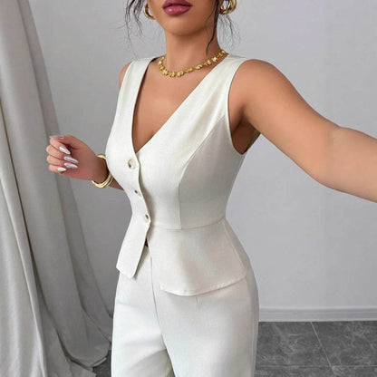 Solid Color Sleeveless Slim Fit Vest High Waist Trousers Two-piece Set - Odeita