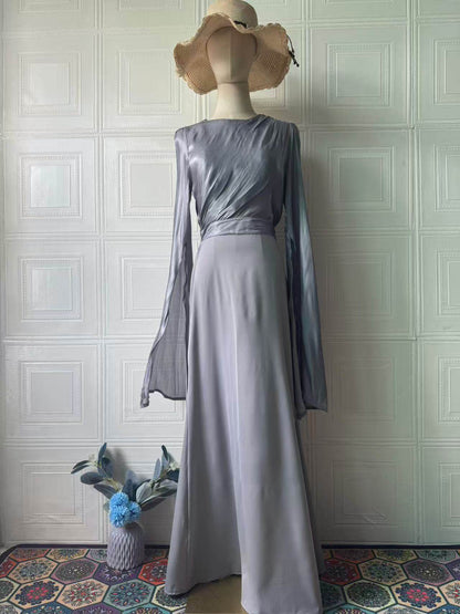 Elegant Summer Sleeve Contrast Chiffon & Satin Maxi Dress With Flared Cuffs - Slim Fit Long Dress For Women - Odeita