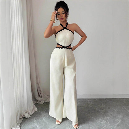 Women's Fashionable Wave Lace Texture Halter Stitching Hollow-out Jumpsuit - Odeita