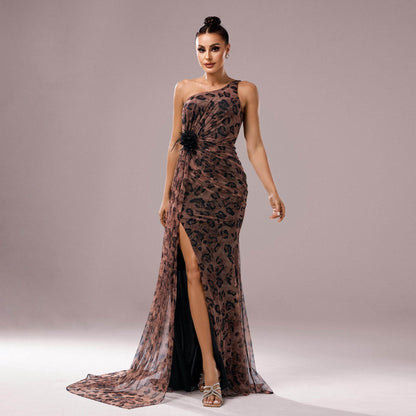 One-shoulder Diagonal Collar Leopard Sequined Evening Dress - Odeita