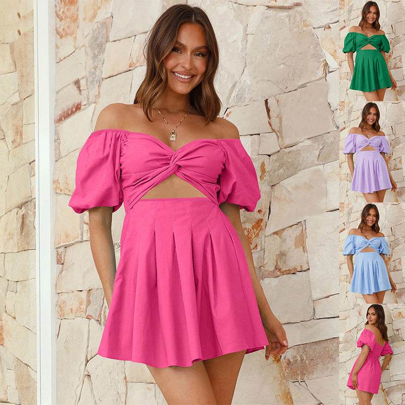 Sexy Off-shoulder Lantern-sleeve Pleated Dress Summer Fashion Short A-line Dresses Womens Clothing - Odeita
