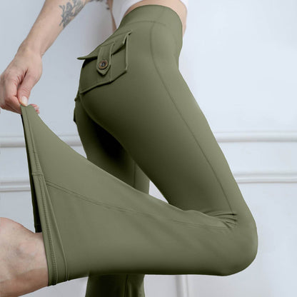 Yoga Fitness Flared Pants With Pockets Ins Fashion Slim High Waist Sports Trousers Scrunch Butt Booty Workout Lifting Leggings - Odeita