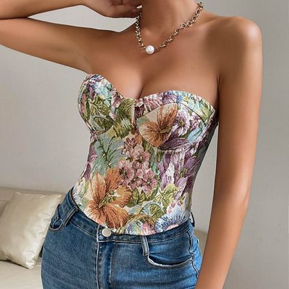 Y2K Floral Print Tube Vest Top With Back-tied Design INS Fashion Crop Corset Tank For Women Clothing - Odeita