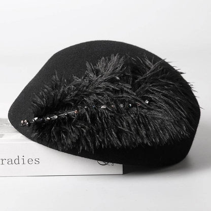 Autumn And Winter Retro Style Feather Decorative Wool Beret - Odeita