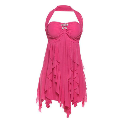 Ins Halter Neck Backless Dress Summer Sexy Printed Irregular Mesh Short Dresses For Evening Party Club Women's Clothing - Odeita