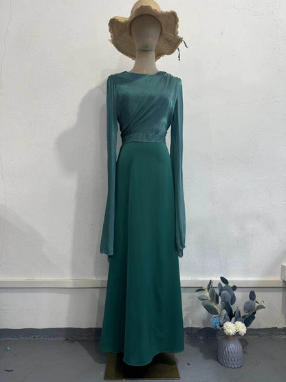 Elegant Summer Sleeve Contrast Chiffon & Satin Maxi Dress With Flared Cuffs - Slim Fit Long Dress For Women - Odeita