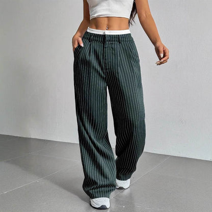 Stripe Printed Trousers Fashion High Waist Straight Leg Pants With Pocket Zipper Casual Suit Pants For Women - Odeita