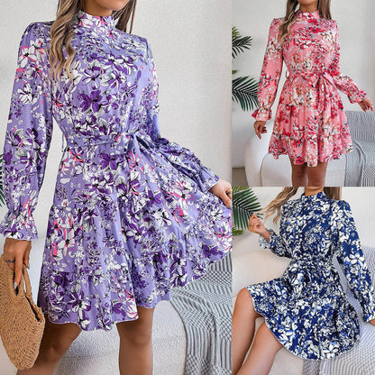 Standing Collar Floral Print Waist-controlled Long Sleeves Ruffled A-line Dresses For Women Spring Autumn Ruffle Edge Long Dress - Odeita