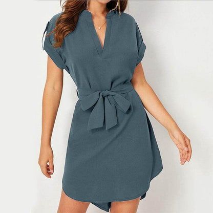 V-neck Short Sleeve Dress With Belt Summer Fashion Bowknot Dresses For Women Clothing - Odeita