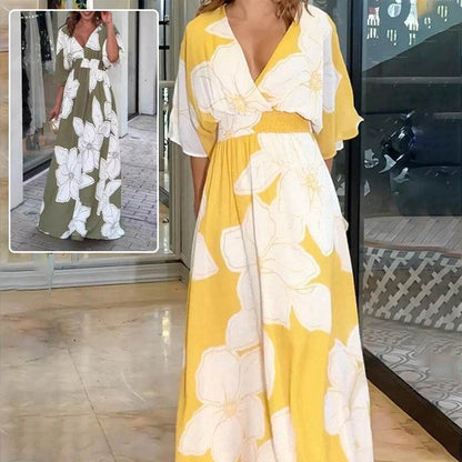 Flower Printed V-neck Batwing-sleeved Dress Fashion Elegant Backless Long Dresses Women's Clothing - Odeita