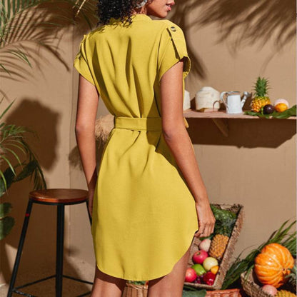 V-neck Short Sleeve Dress With Belt Summer Fashion Bowknot Dresses For Women Clothing - Odeita