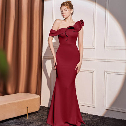 High-end Slant Shoulder Slimming Long Dress - Odeita