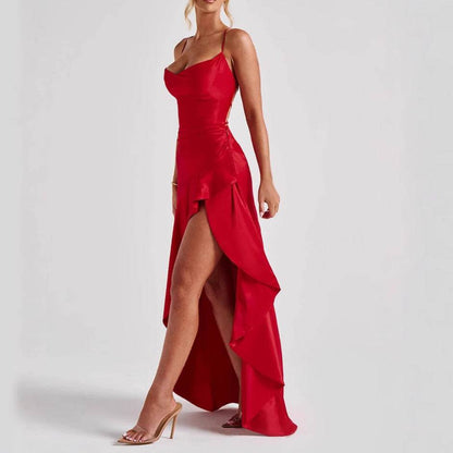 Women's Backless Ruffles Irregular Dress Summer Fashion Evening Party Club Split Suspender Maxi Dresses Clothing - Odeita