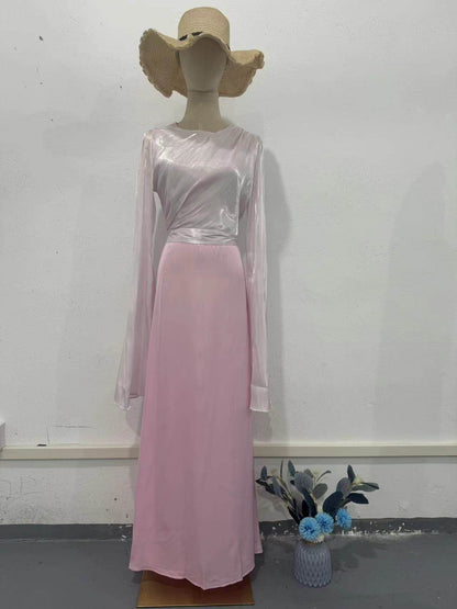Elegant Summer Sleeve Contrast Chiffon & Satin Maxi Dress With Flared Cuffs - Slim Fit Long Dress For Women - Odeita