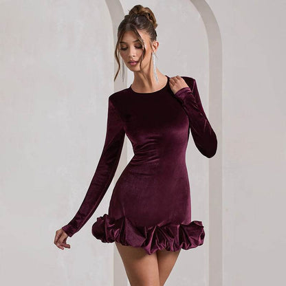Round Neck Long Sleeve Velvet Three-dimensional Pleated Dress Women - Odeita