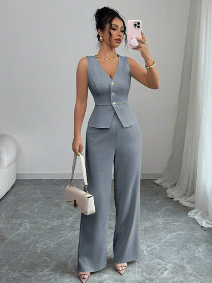 Solid Color Sleeveless Slim Fit Vest High Waist Trousers Two-piece Set - Odeita