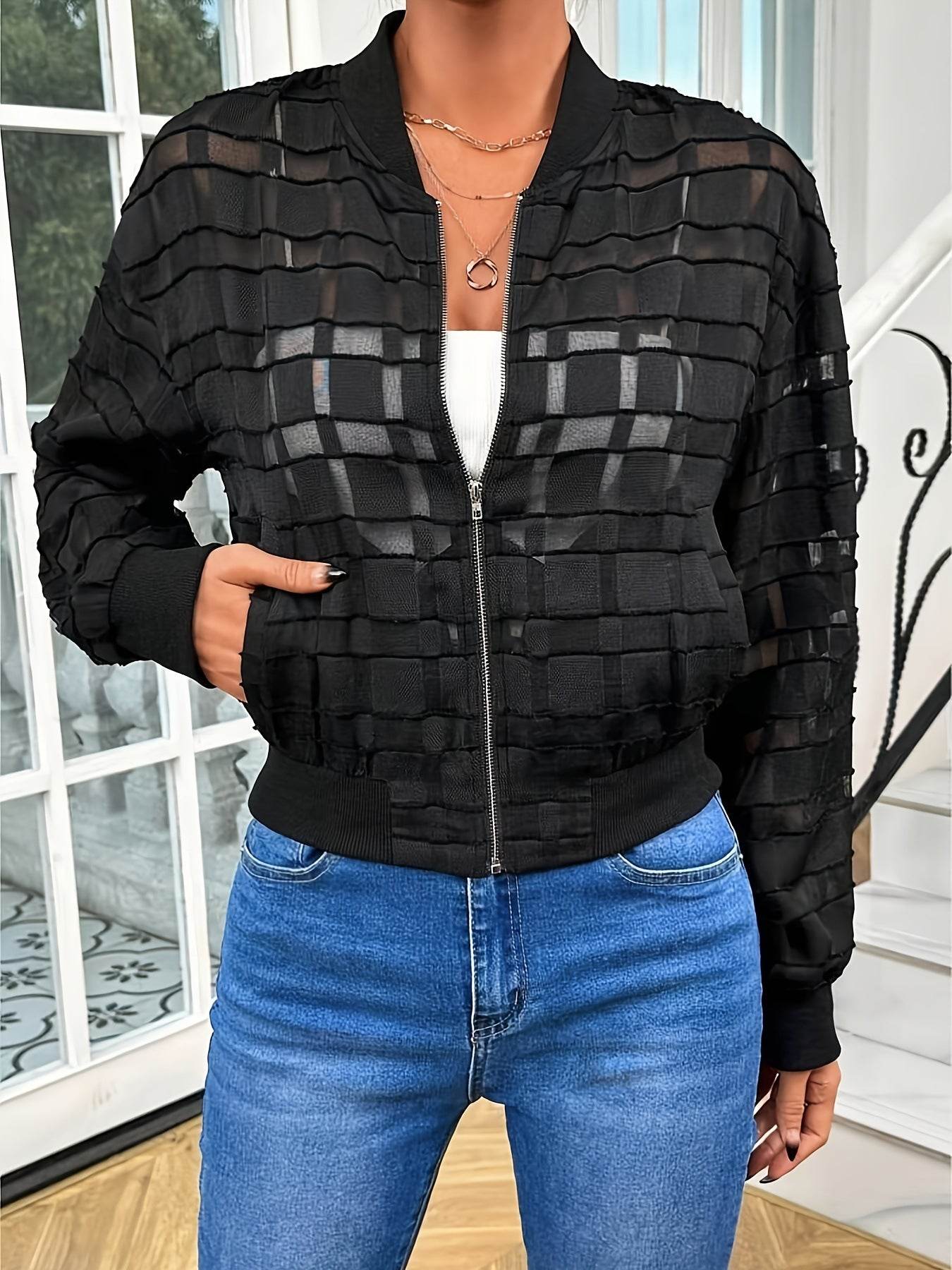 Women's Semi-transparent Thread Zipper Casual Jacket - Odeita