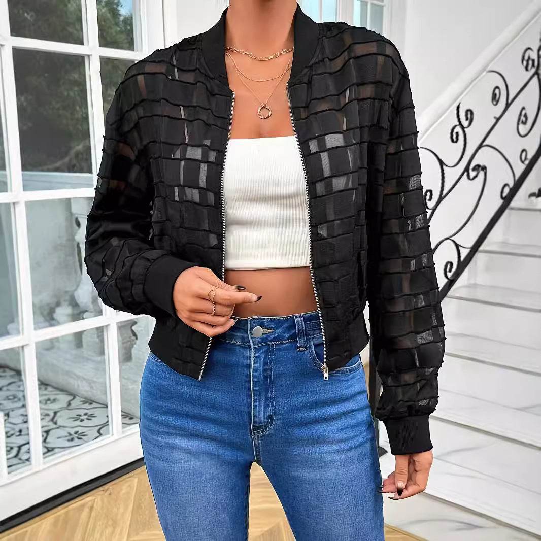 Women's Semi-transparent Thread Zipper Casual Jacket - Odeita