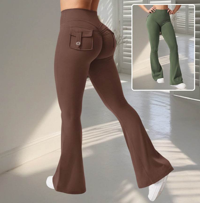 Yoga Fitness Flared Pants With Pockets Ins Fashion Slim High Waist Sports Trousers Scrunch Butt Booty Workout Lifting Leggings - Odeita
