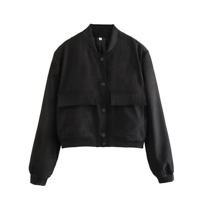 Casual Single-breasted Stand Collar Short Jacket With Pockets Fashion Long Sleeve Outwear Tops Coat For Womens Clothing - Odeita
