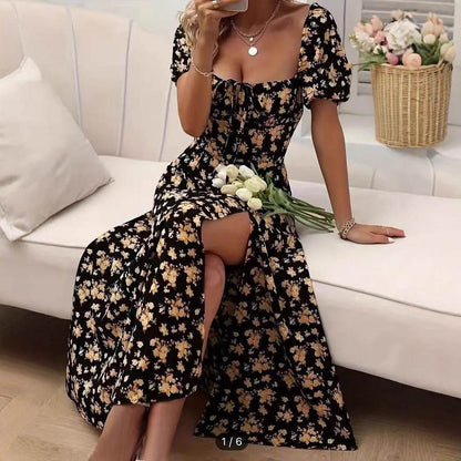 Floral Print Short Sleeve Split Dress Summer Fashion Lace-up Beach Long Dresses Women's Clothing - Odeita