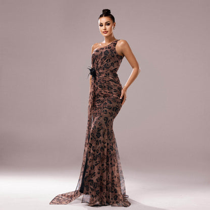 One-shoulder Diagonal Collar Leopard Sequined Evening Dress - Odeita