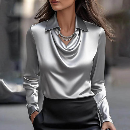 Women's Swing Collar Draped Shirts & Blouses Elegant Solid Satin Office Ladies Top Pullover Spring Long Sleeve Casual Tops - Odeita
