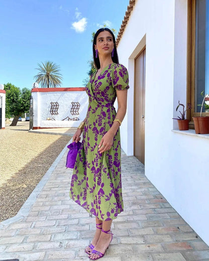 Top Selling V-neck Short Sleeved Dress - Floral Print Pleated Detail Women's Casual Summer Dress - Odeita